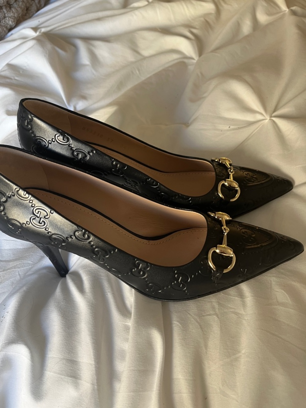Gucci Black Embossed Leather Horsebit Kitten Heel Pumps